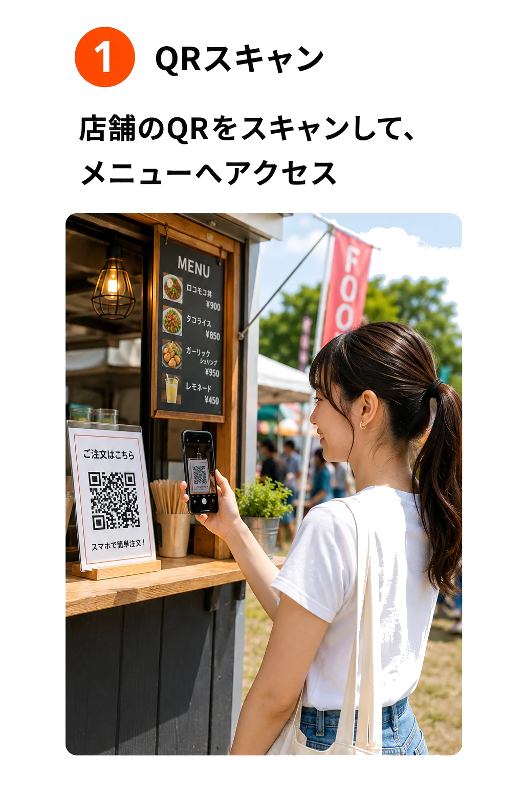 ステップ1 QRスキャン: 店舗のQRをスキャンして、メニューへアクセス