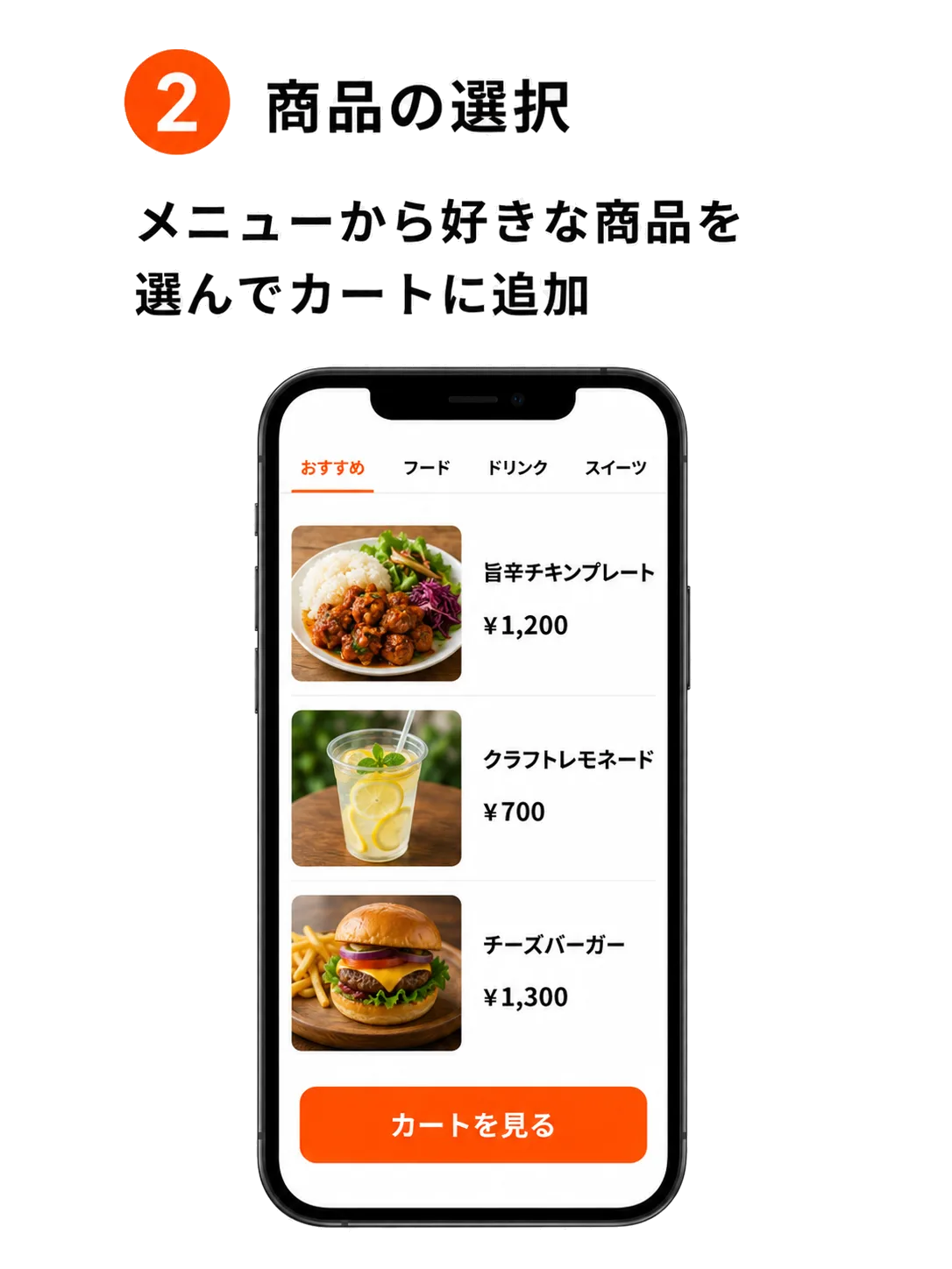 ステップ2 商品の選択: メニューから好きな商品を選んでカートに追加